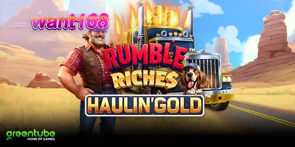 Tampilan visual truk besar di jalan raya dalam permainan slot Rumble Riches Haulin Gold
